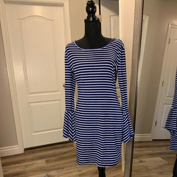 Charlotte Russe | Blue Striped Flair Sleeve Dress - Picture 1 of 8